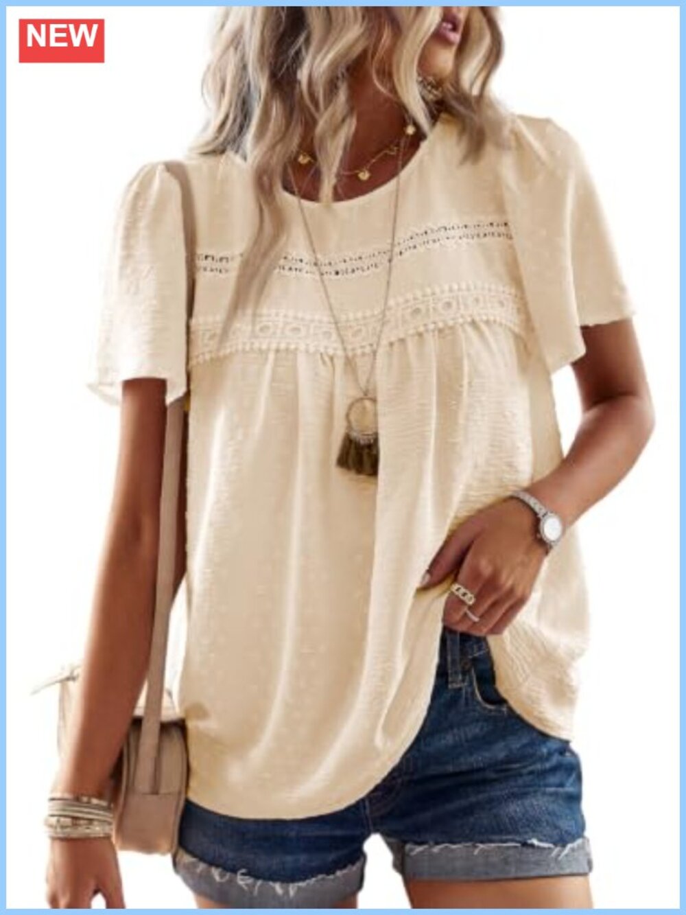 Women's Boho Crochet Lace Crew Neck Short Sleeve Tunic Top Flowy Casual Blouse